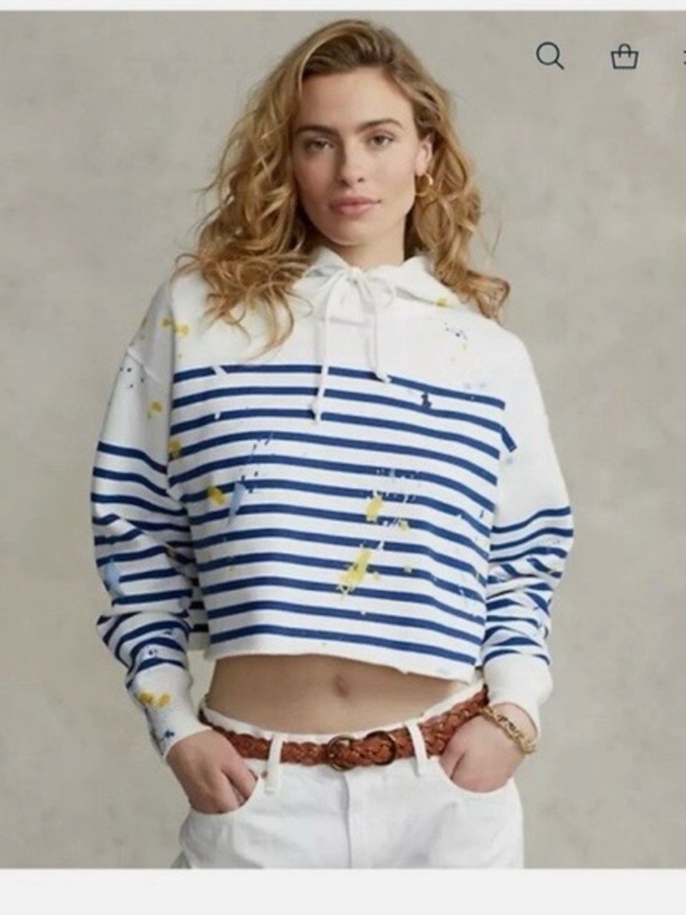 NWT. Ralph Lauren polo. Striped Cropped Hoodie in White and Blue paint splatter
